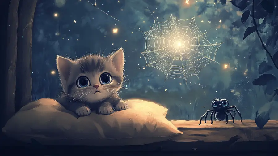 The Kitten and the Sleepy Spider – A Quiet Friendship Spun at Dusk